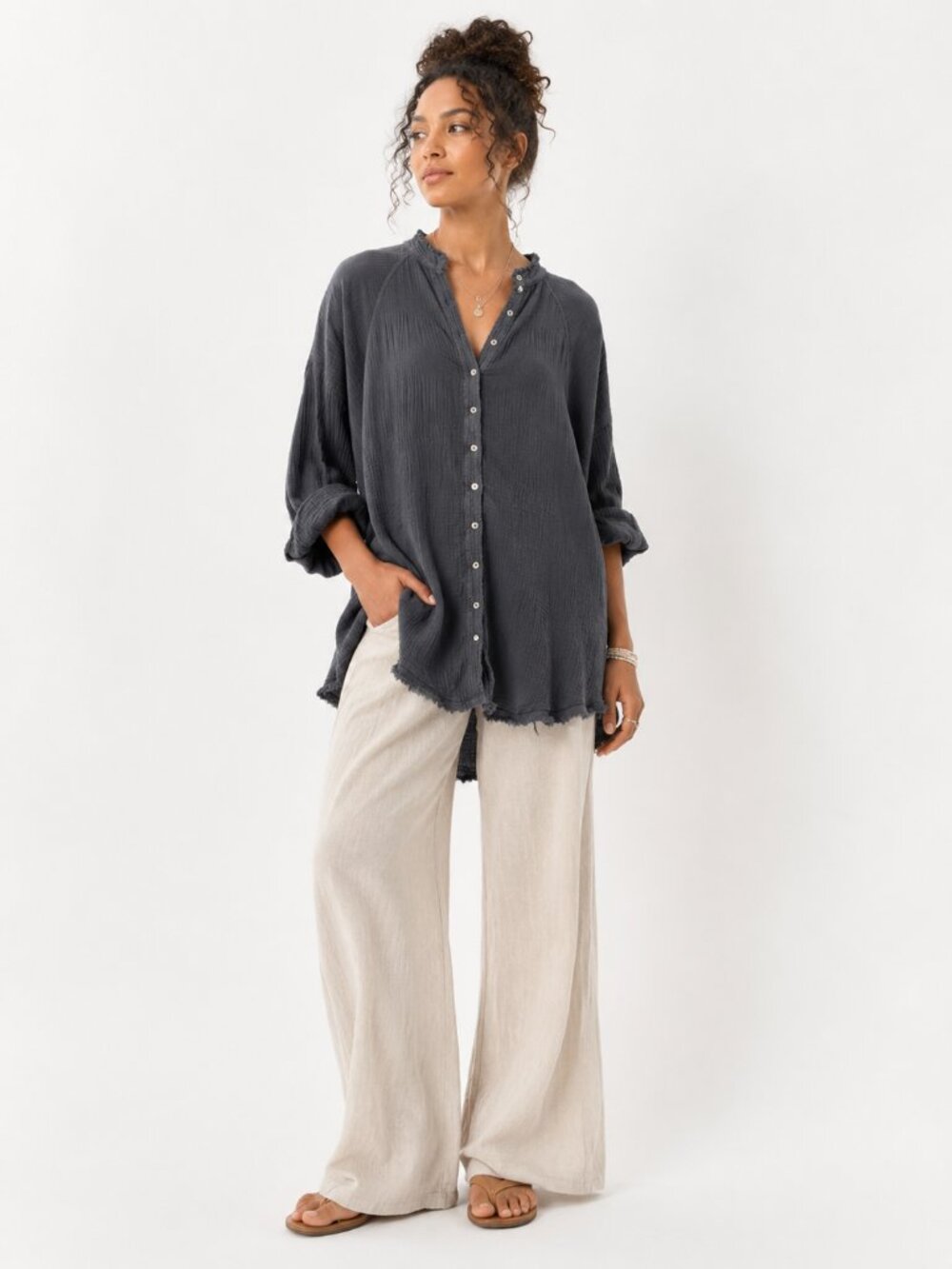 Flawless 100% Cotton Gauze Tunic Top Size Small/Medium Boho Raw Hem Button Front